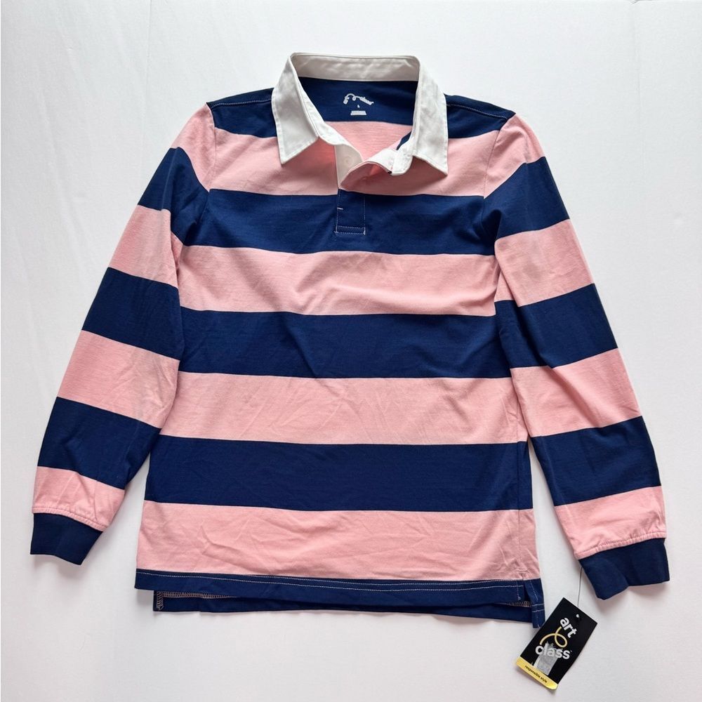 Art Class Kids Striped Pink and Blue Long Sleeve Rugby Shirt Size L